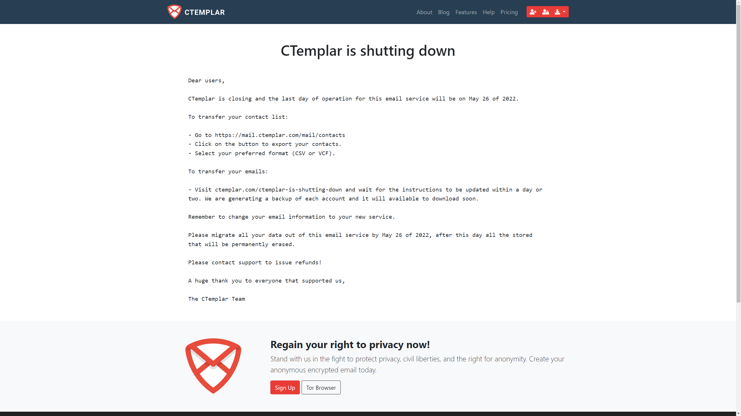 Screenshot of CTemplar.com email service website announcing to discontinue operations.